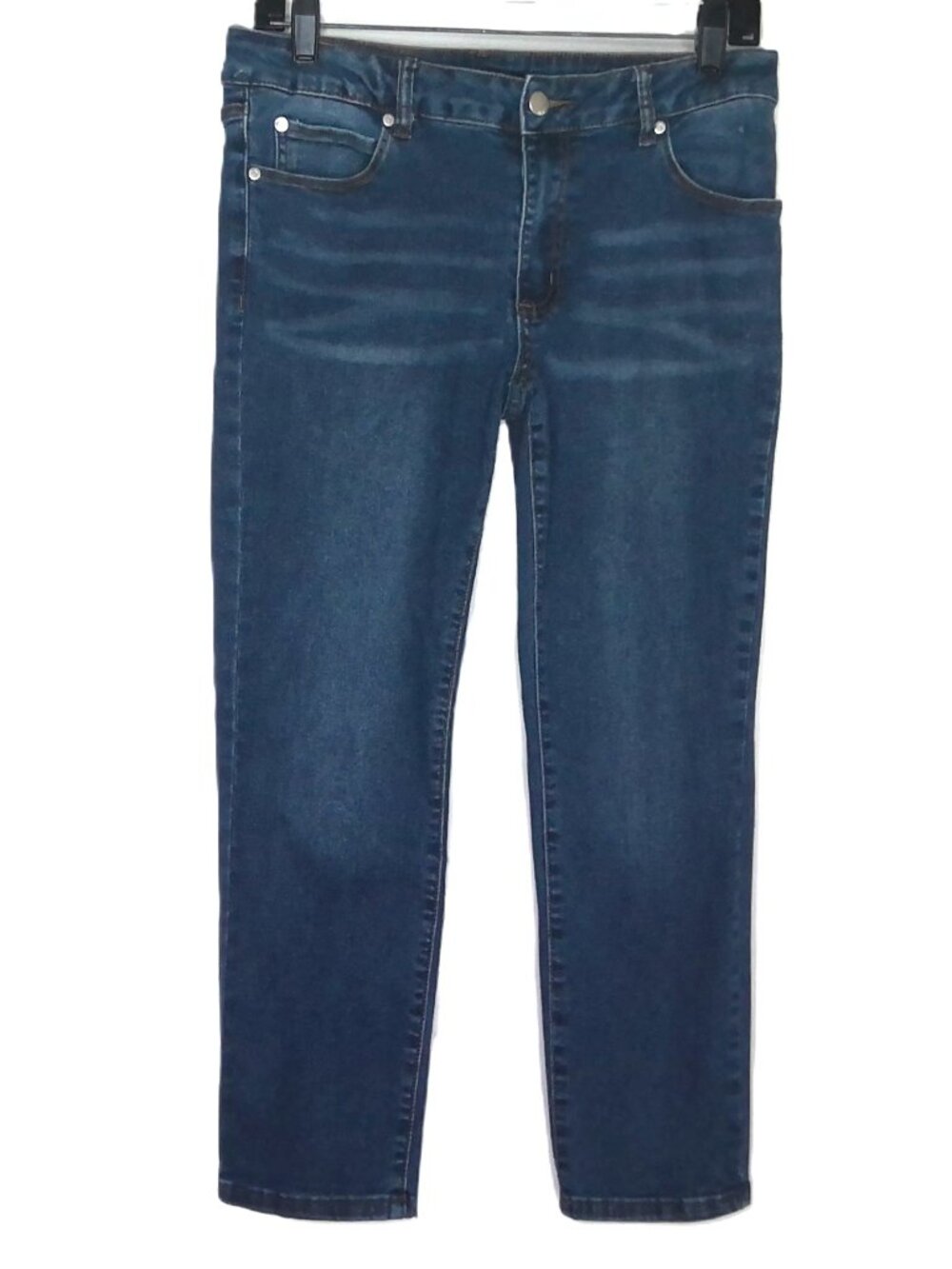 Tahari Olivia Slim Straight Jeans Mid Rise Medium / Dark Wash Stretch 10 Petite